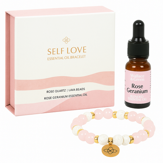 Self Love Essential Oil Bracelet set with rose quartz and lava bead bracelet, gold charm and Wallace & Green Rose Geranium blended essential oil – THE AURA CO.