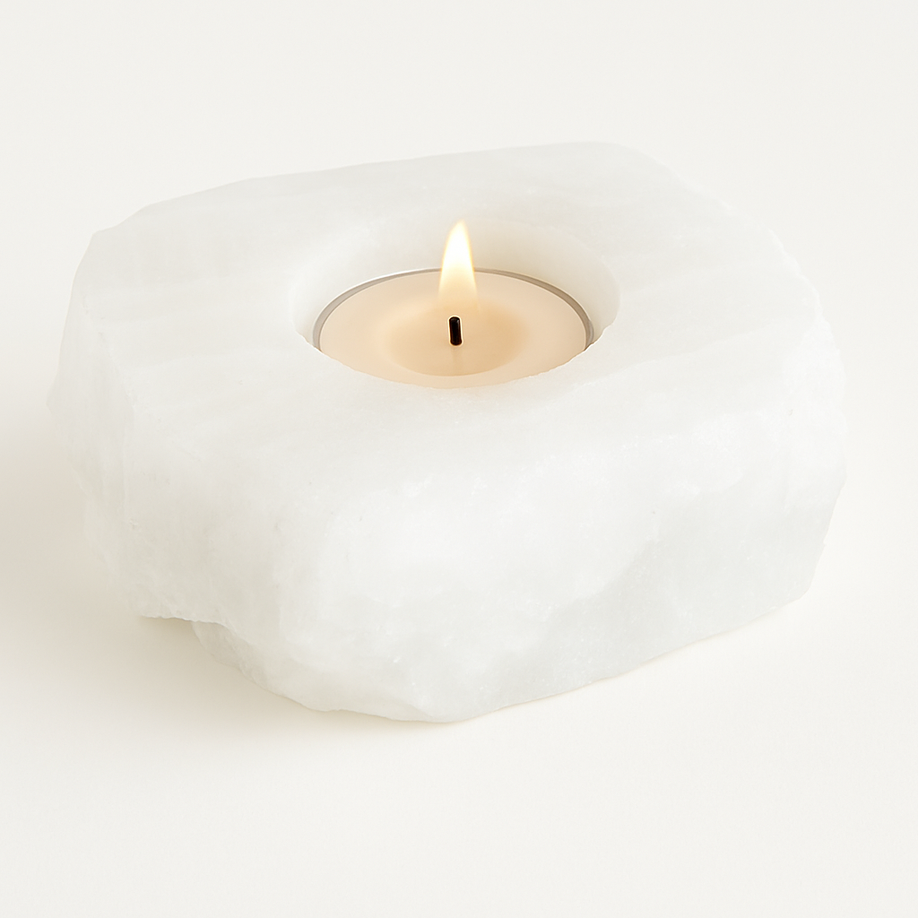 Clear quartz tealight holder with a lit candle, radiating calm energy.