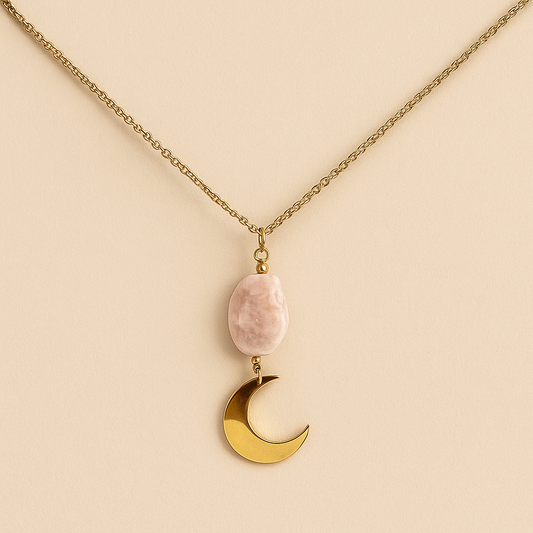Pink agate and polished gold crescent moon pendant on a delicate gold chain – The Golden Moon Pendant by THE AURA CO.