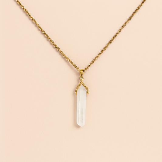 Clear quartz crystal point pendant with gold wire wrap setting on a gold rope chain – Angel Aura Pendant by THE AURA CO.