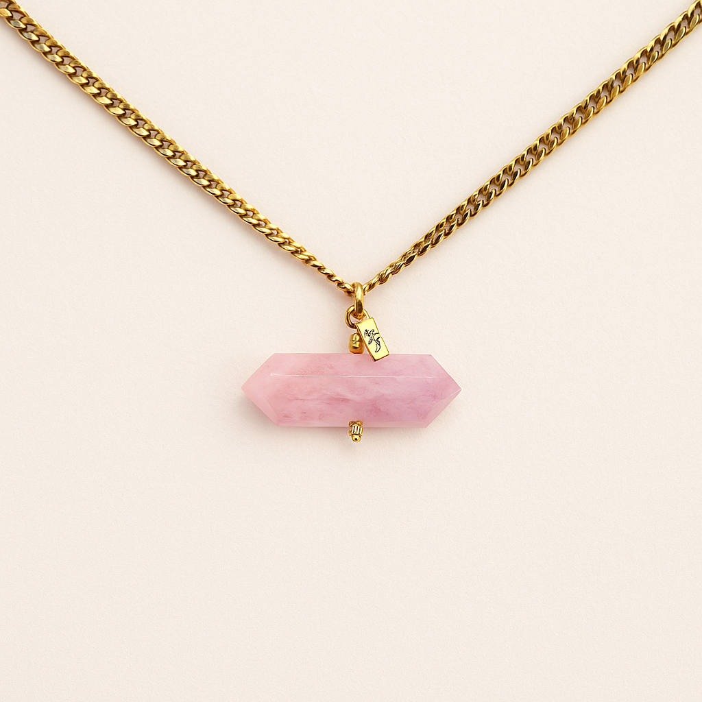 Rose quartz crystal point pendant on a chunky gold Cuban link choker chain – The Love Choke by THE AURA CO.