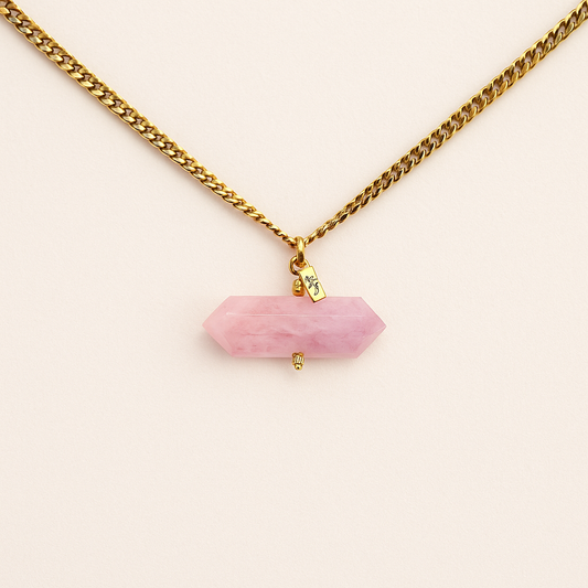 Rose quartz crystal point pendant on a chunky gold Cuban link choker chain – The Love Choke by THE AURA CO.