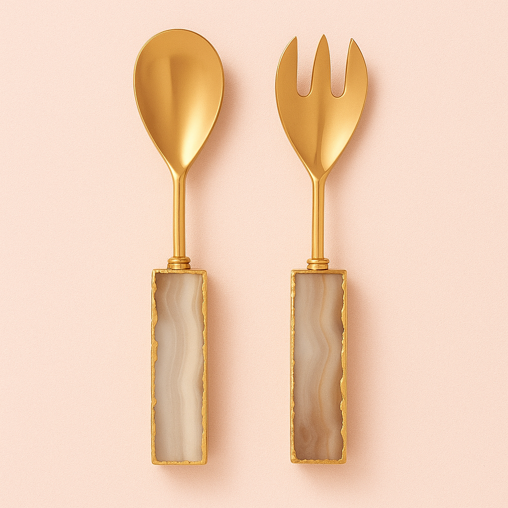 Agate serving set with gold-plated spoon and fork, featuring rectangular agate stone handles.