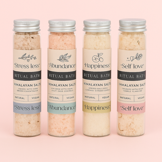 Four glass tubes of Ritual Bath Himalayan Salts infused with essential oils in Stress Less, Abundance, Happiness, and Self Love intentions – THE AURA CO.