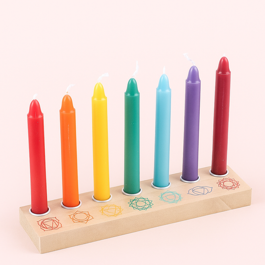 Seven chakra spell candles in red, orange, yellow, green, teal, purple and dark red displayed in an engraved wooden holder with chakra symbols – Chakra Candle & Crystal Set by THE AURA CO.