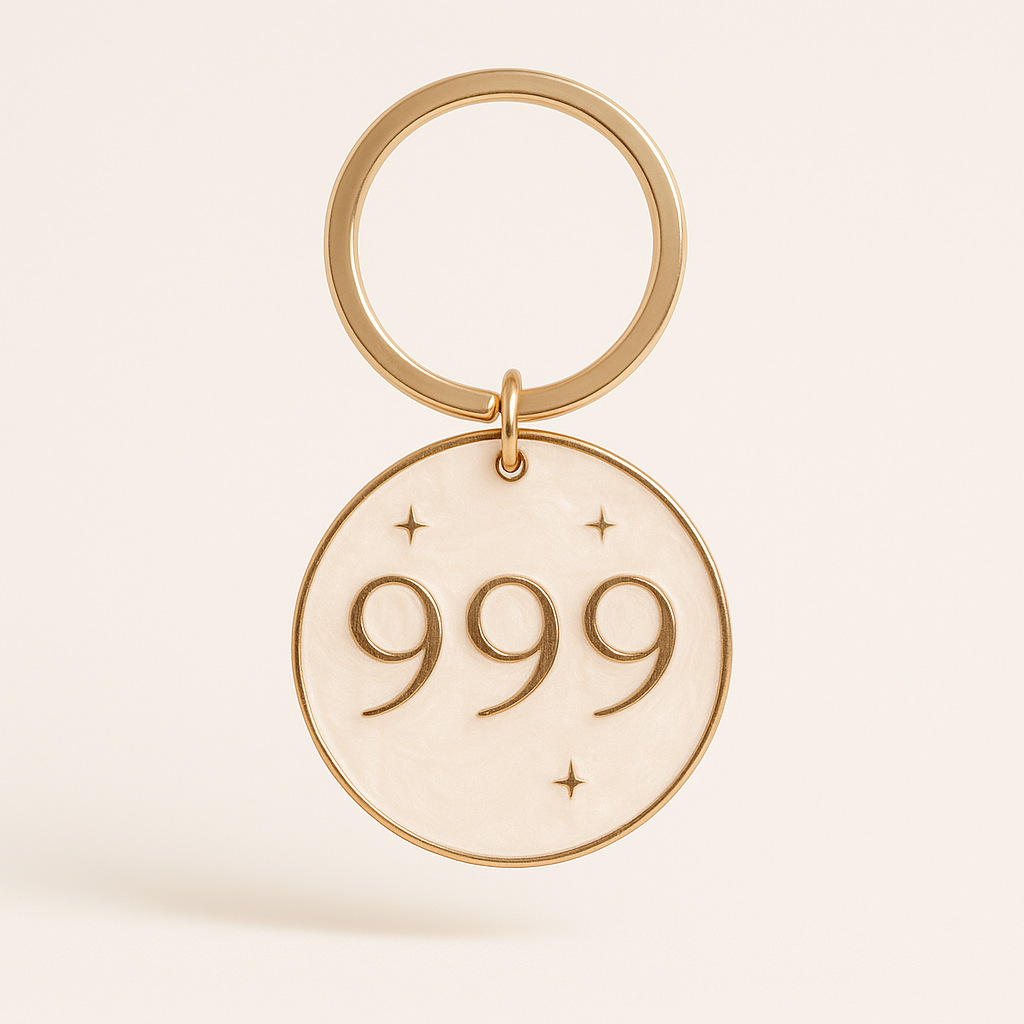 Gold angel number keyring with round pendant engraved 999 and star accents.