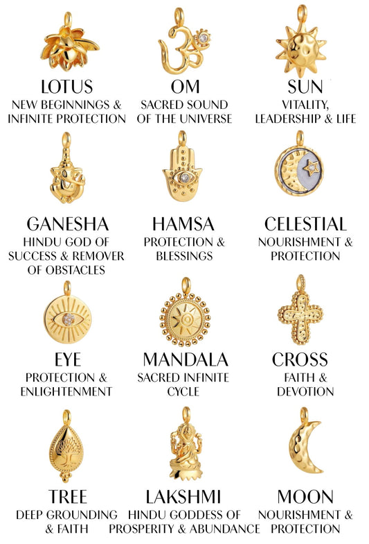 Gold charm collection guide showing Lotus, Om, Sun, Ganesha, Hamsa, Celestial, Eye, Mandala, Cross, Tree, Lakshmi and Moon charms with meanings – THE AURA CO.