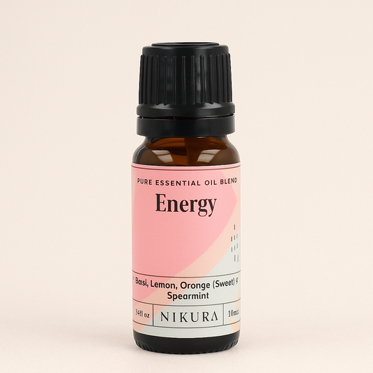 Nikura Energy pure essential oil blend 10ml amber bottle with Basil, Lemon, Orange and Spearmint – Mood Essential Oils by THE AURA CO.