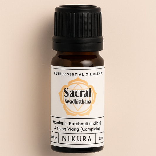 Nikura Sacral Chakra Swadhisthana pure essential oil blend 10ml amber bottle with Mandarin, Patchouli and Ylang Ylang – Chakra Essential Oils by THE AURA CO.