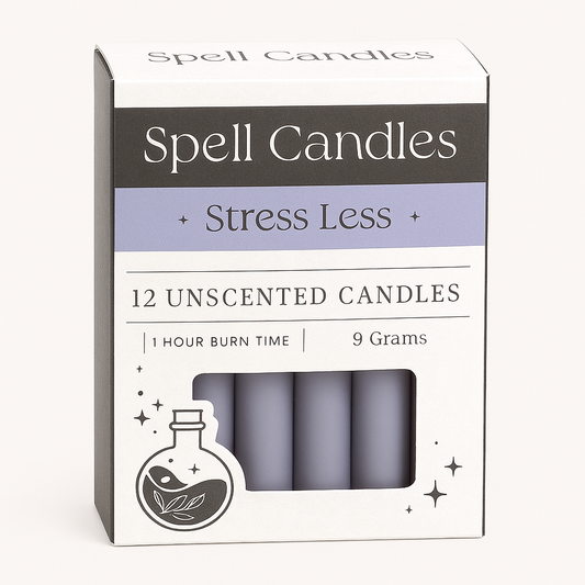 Ritual Spell Candles – Stress Less – 12 unscented spell candles with 1 hour burn time – THE AURA CO.