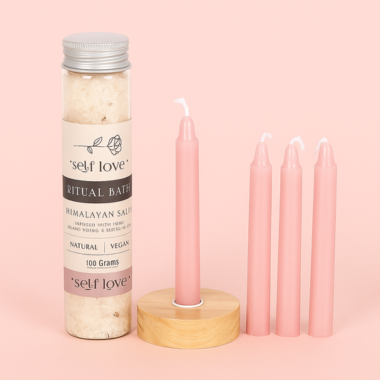 Self Love Ritual Bath Kit with 100g Himalayan salt tube infused with rose, ylang ylang and geranium essential oils, four pink spell candles and wooden candle holder – THE AURA CO.