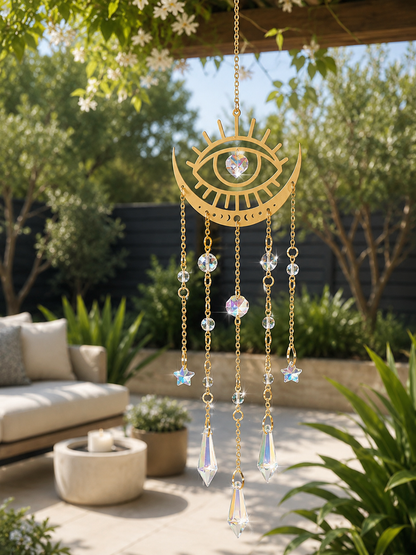 Gold celestial eye and crescent moon sun catcher with iridescent glass prism chains hanging in a sunny garden – THE AURA CO.