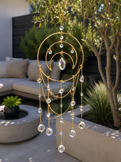 Gold ring crescent moon sun catcher with faceted glass bead chains hanging in a sunny garden – THE AURA CO.