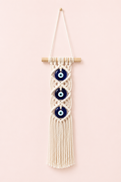 Cream macramè wall hanging with three navy blue evil eye discs on a wooden dowel on a blush pink background – THE AURA CO.