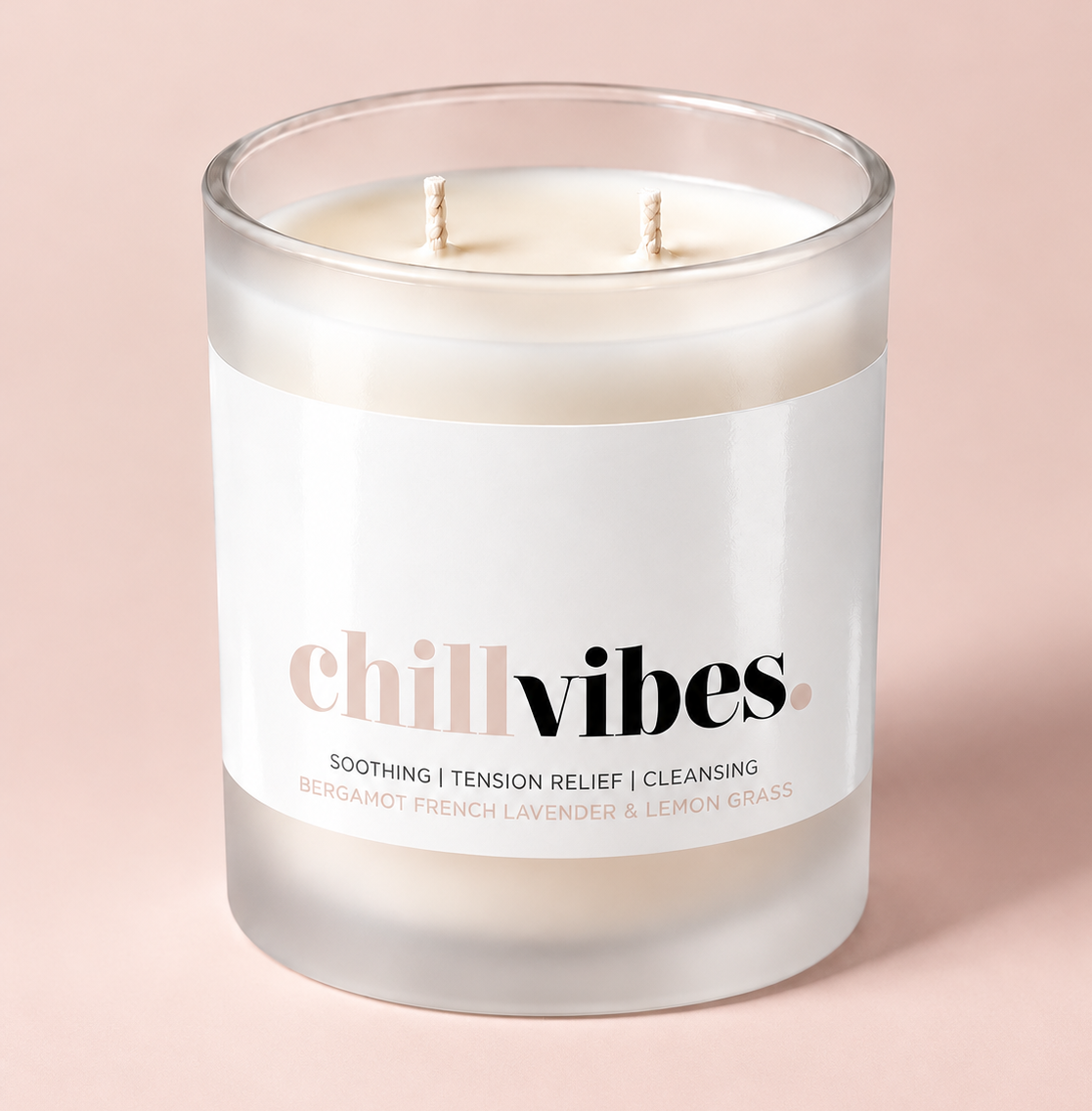 Chill Vibes aromatherapy candle in a frosted glass vessel with two wicks – Mood Candle by THE AURA CO.