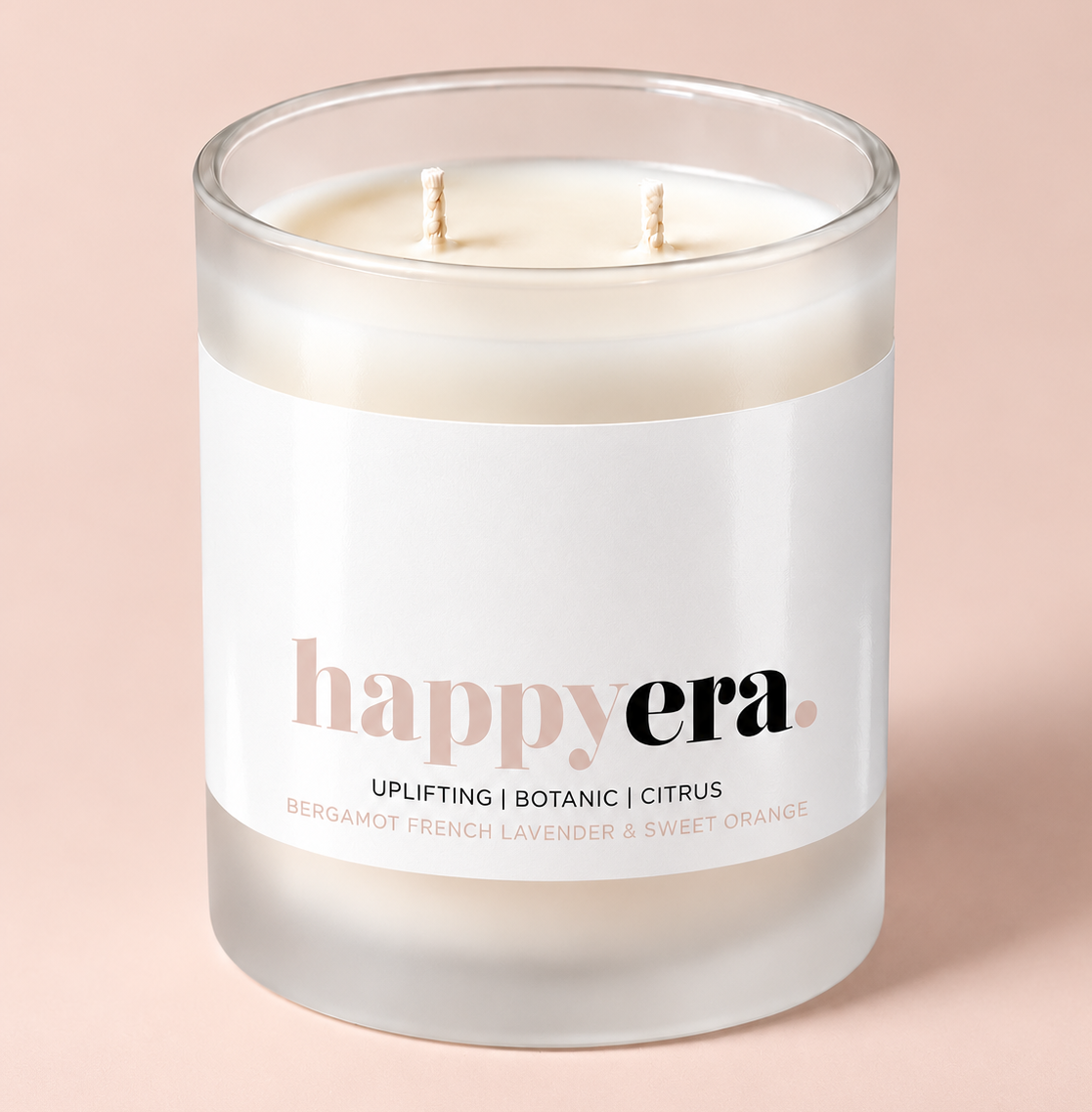 Happy Era aromatherapy candle in a frosted glass vessel with two wicks – Mood Candle by THE AURA CO.