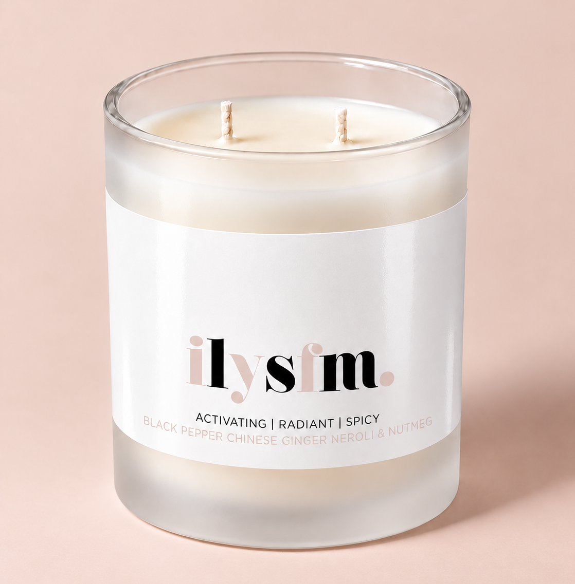 ILYSFM aromatherapy candle in a frosted glass vessel with two wicks – Mood Candle by THE AURA CO.