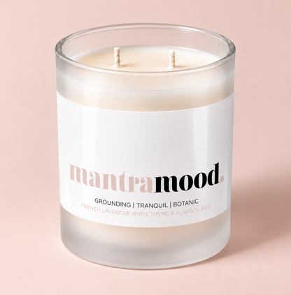 Mantra Mood aromatherapy candle in a frosted glass vessel with two wicks – Mood Candle by THE AURA CO.