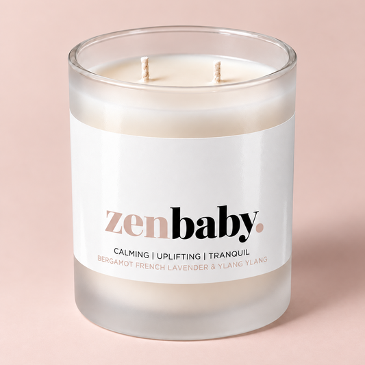 Zen Baby aromatherapy candle in a frosted glass vessel with two wicks – Mood Candle by THE AURA CO.